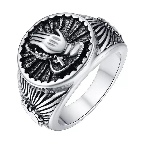 Faithheart Men's 11.5 Christian Praying Hands Signet Ring Stainless Steel Punk - Picture 2 of 6